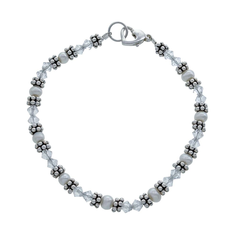 Vintage Sterling Silver 925 Crystal Pearl Beaded Bracelet 7.25"